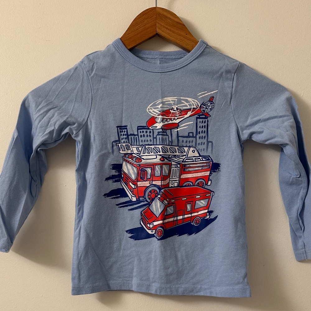 The Children's Place Light Blue Long Sleeve Tee with Red Emergency Vehicles